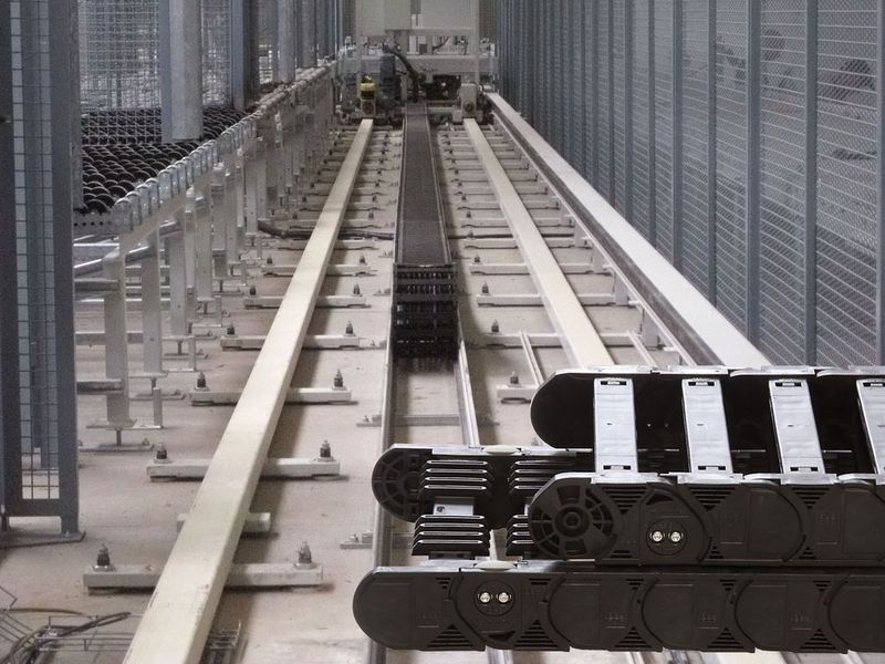 Schnell und leise: Rollenenergiekette „P4.32“ mit „Chainflex“-Leitungen mit bis zu 57% Energieersparnis, hier zur Versorgung eines Palettenwagens für den Materialtransport in der Tabakproduktion. Bild: Igus (Archiv: Vogel Business Media)