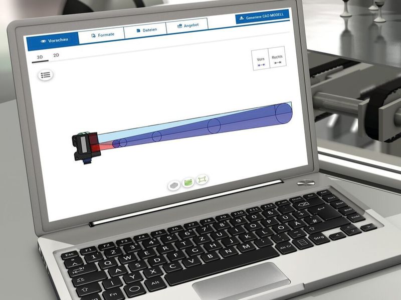 Bei optischen Baumer Sensoren ist der Strahlverlauf in die 3D-CAD-Daten integriert. Das erleichtert den Weg vom Design-In bis zur Montage, denn der Sensor lässt sich ohne Feinjustage exakt so einbauen wie konstruiert.  (Bild: Baumer)