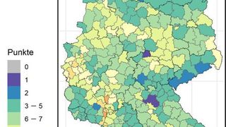 Eines der zentralen Ergebnisse ist die Karte der „Wasser-Bilanz-Risiko-Gebiete“.
Hohe Punktzahlen bedeuten eine hohe Zahl an Herausforderungen. (Bild: Forschungszentrum Jülich / Frank Herrmann)