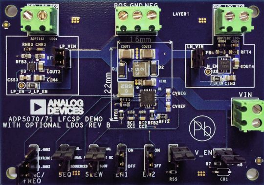 Das Evaluation Board ADP5070CP-EVALZ: Mit ihm lässt sich die Funktionalität des DC/DC-Wandlers ADP5070 demonstrieren Das Evaluation Board ADP5070CP-EVALZ: Mit ihm lässt sich die Funktionalität des DC/DC-Wandlers ADP5070 demonstrieren