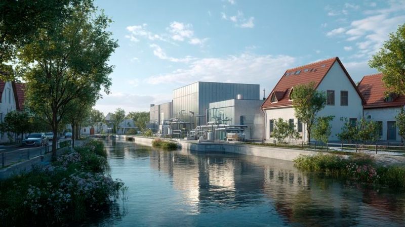 Symbolbild: Mit Kälte as a Service versorgt und optisch an die Umgebung angepasst, so soll das geplante Nextspace-Rechenzentrum in Stuttgart sein.(Bild:  Midjourney / Paula Breukel / KI-generiert)