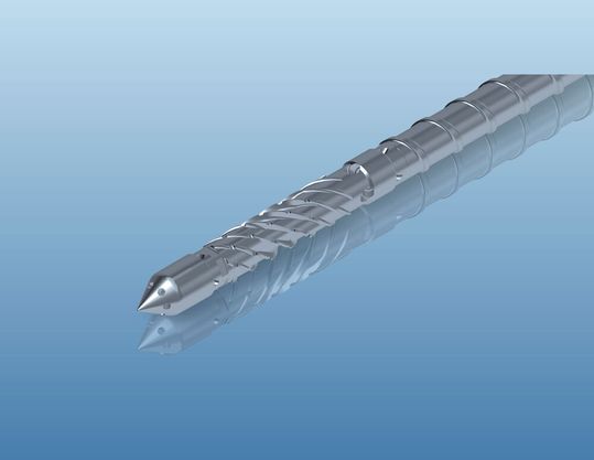 Mehr Leistung! Die Krauss-Maffei-Entwickler haben mit Blick auf das physikalische Schäumen von Thermoplasten (Mucell-Verfahren) beim Spritzgießen einen Erfolg zu feiern. Denn sie haben eine Möglichkeit gefunden, die Plastifizierschnecke (Bild) flexibel an viele Kunststoffe anzupassen.(Bild:  Krauss-Maffei)