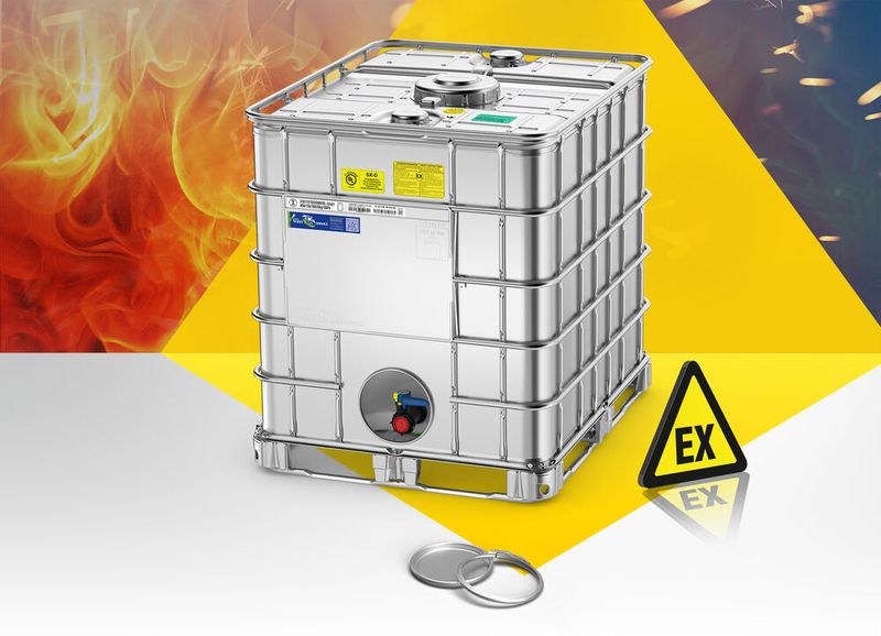 Der Ecobulk SX-D ist einsetzbar in EX Zonen 1 + 2. Bei der Variante SX-D OV kann das Füllgut über eine zusätzliche Auslaufarmatur nun auch sicher von unten entnommen werden. (Bild: Schütz)