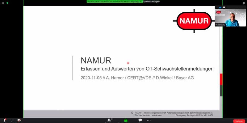 Hans-Detlef Winkel (Bayer) und Andreas Harner (VDE) teilten sich das Thema „Einheitliches Format für OT-Sicherheitswartung/OT-Security Advisory“. (Bild: Screenshot Namur Hauptsitzung 2020)