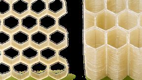 Bionically inspired honeycomb structures with gradually arranged fiber angles made from regenerated cellulose fibers. These lightweight structures could contribute to more sustainable safety components in the future. (Source: © HSB - AG Biologische Werkstoffe)