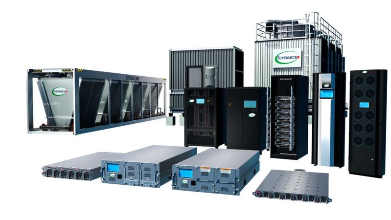 Zu den „Data Center Building Block Solutions“ von Supermicro gehören konfigurierbare Racks, Kühlungs-, Netzwerk- und Stromkomponenten, Generatoren, die Management-Software und ein Dienstleistungs-Angebot. (Bild:  Supermicro)