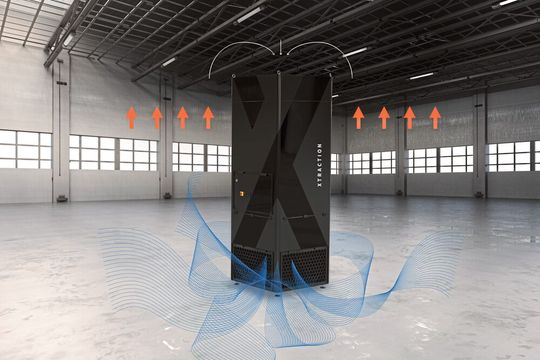 Mit einer Motorleistung von 4,3 kW erreicht der Filterturm Flow X einen Luftvolumenstrom von 12.500 m3/h, womit bis zu 99,8 % aller Schadstoffe aus der Luft gefiltert werden. (Bild:  Xtraction)