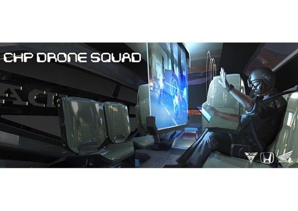 Die CHP Drohnen-Squad von Honda North America besteht aus einer Autodrohne, die sich sowohl als bemannter als auch als autonomer Streifenwagen einsetzen lässt und während der Fahrt fahrerlose Motorräder aussenden kann (Bild: Honda R&D Americas, Inc., Advanced Design Studio)