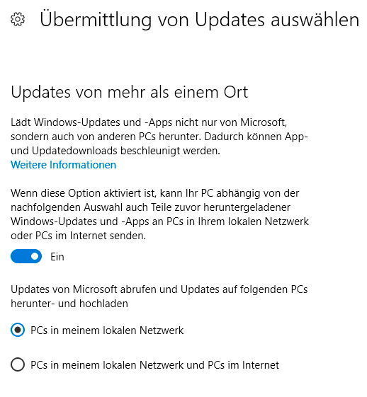 In den Einstellungen von Windows 10 kann ebenfalls festgelegt werden, wo Windows 10-Rechner ihre Updates herunterladen. (Joos / Microsoft)