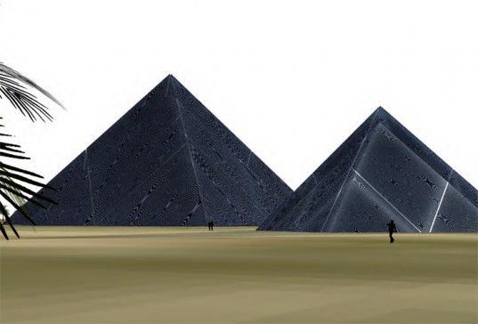 Ein künstelerischer  Entwurf der Solarzellen-Pyramiden von Abu Dhabi(Grafik:  Land Art Generator Initiative)