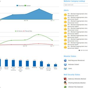 Der GFI WebMonitor gibt eine allgemeine Übersicht (Overview) über die Internet-Verbindungen. In den Bandwidth Trends zeigt sich die Bandbreitenauslastung, die Activity Trends umfassen sämtliche Web-Aktivitäten und Filteraktionen.  In der Alerts-Spalte werden Ereignisse aufgelistet, die überprüft werden sollen. Im „Web Security Status“ sieht der Administrator, welche Schutzmaßnahmen ergriffen, wieviele schädliche Websites gesperrt und wieviele infizierte Dateien gelöscht wurden.