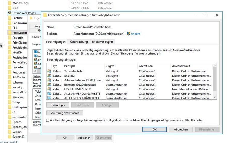 Damit die neuen ADMX-Dateien in das Verzeichnis „C:\Windows\PolicyDefinitions“ auf den Domänencontrollern und dem Server, auf dem die Richtlinie bearbeitet wird, kopiert werden können, müssen der Besitzer des Verzeichnisses und die Berechtigungen angepasst werden. (Joos / Microsoft)
