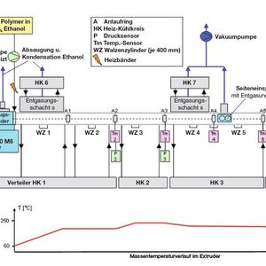 Schematischer Aufbau eines PWE zur Weiterverarbeitung eines Styrol/Acrylat-Copolymers mit Temperaturprofil 
