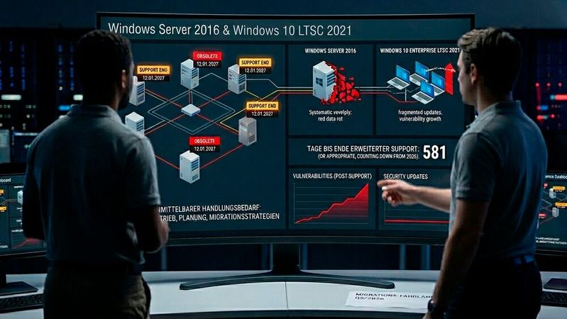 Am 12. Januar 2027 verlieren Windows Server 2016 und Windows 10 LTSC 2021 ihre Updateversorgung. Offene Schwachstellen bleiben danach dauerhaft ungepatcht.(Bild:  Gemini / KI-generiert)