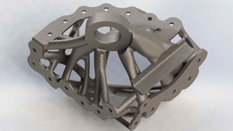 Technologieforum Additive Fertigung: Topologieoptimiertes Bauteil „main gear bracket rear“ (Demonstrator). Das Fraunhofer IFAM stellt zum Technologieforum „Additive Fertigung“ Fallstudien aus den Branchen Luftfahrt und Automobilindustrie vor, unter anderem Halterungskomponenten. (Fraunhofer IFAM)