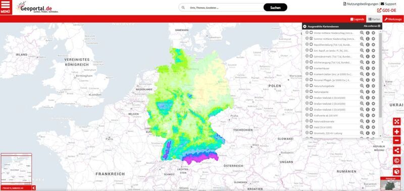 Im Bereich Wetter und Klima gibt es zum Beispiel eine Karte mit Daten zum Niederschlag in Deutschland (www.geoportal.de)