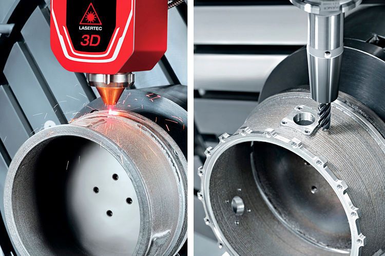 Am Beispiel der generativen Fertigung eines Aerospace-Turbinengehäuses wird zunächst der komplette Zylinder Laser-aufgebaut. Danach wird das Bauteil um 90° eingeschwenkt und die beiden umlaufenden Bünde sowie die Flanschteile gefertigt. (Foto: DMG Mori)