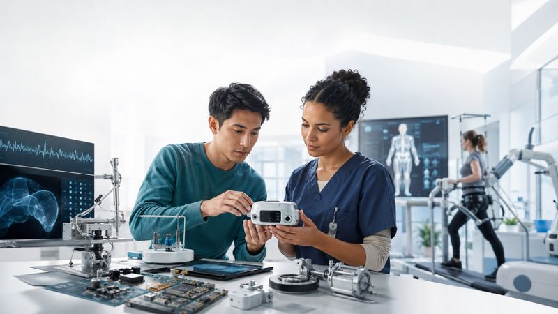 Medizintechnik verbindet u.a. Entwicklung, klinische Anwendung, Sensorik und Rehabilitation. (Bild:  Guido Deußing / KI-generiertes Symbolbild)