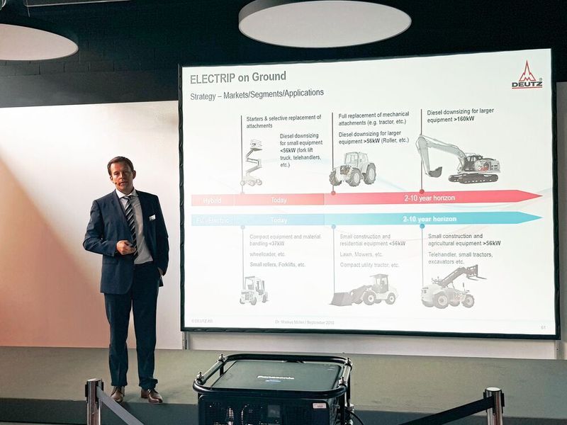 Dr. Markus Müller, Senior Vice President (SVP) Product Development & Technical Customer Support bei der Deutz AG, erklärt für welche Anwendungen die hybriden und vollelektrischen Antriebe von Deutz heute schon Sinn machen und welche Anwendungen man in den nächsten zwei bis zehn Jahren anstrebt.  (S.Häuslein/konstruktionspraxis)
