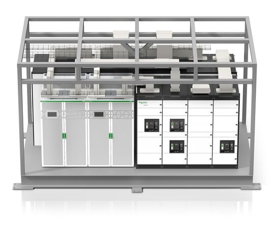 Offenes Format für den Innenbereich: Die neuen Power-Skids liefern dieselbe Hochleistungs-Stromversorgung – inklusive USV und Niederspannungshauptverteilung – wie die Containermodule, sind jedoch speziell für die rasche Integration in Grey-Space-Umgebungen ausgelegt.(Bild:  Schneider Electric)