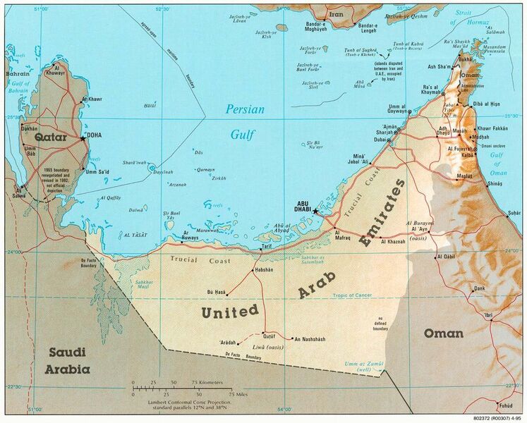 Die Vereinigten Arabischen Emirate (VAE) sind eine Föderation von sieben Emiraten. Die VAE setzen sich aus den Emiraten Abu Dhabi, Adschman, Dubai, Fudschaira, Ra’s al-Chaima, Schardscha und Umm al-Qaiwain zusammen.  (Bild: CIA)