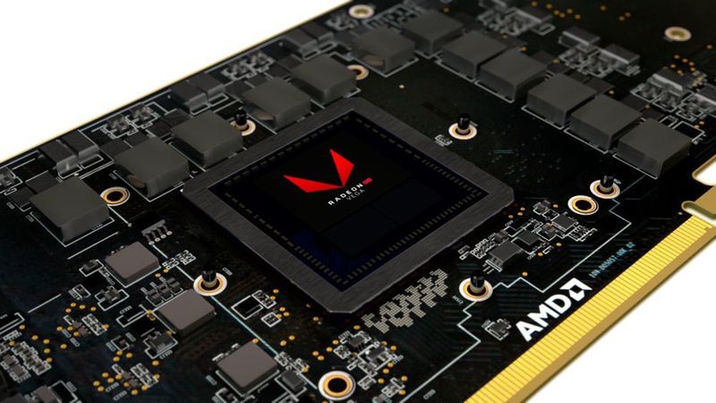 Der Vega-Chip vereint die GPU mit 64 oder 56 Compute-Units und zwei HBM2-Stacks mit zusammen acht GB als Grafikspeicher. (AMD)
