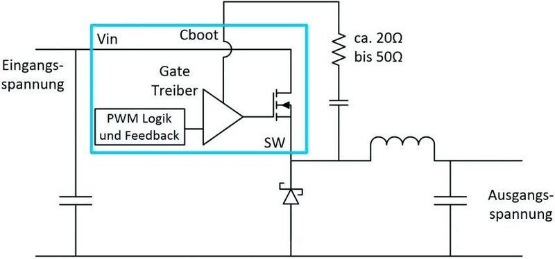 Bild 2: Verlangsamen von Schaltübergängen bei einem nicht synchronen Abwärtswandler mithilfe eines Cboot-Widerstandes. (Analog Devices)