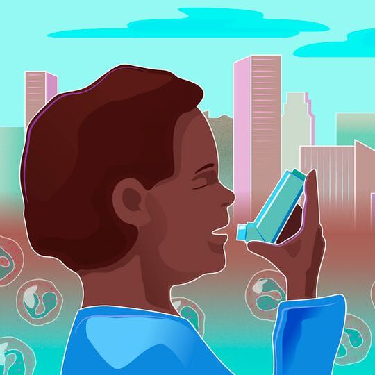 Illustration of a child using an asthma inhaler in an urban setting. The spherical objects are immune cells called eosinophils, which the drug tested in the trial is designed to reduce. Illustration of a child using an asthma inhaler in an urban setting. The spherical objects are immune cells called eosinophils, which the drug tested in the trial is designed to reduce.