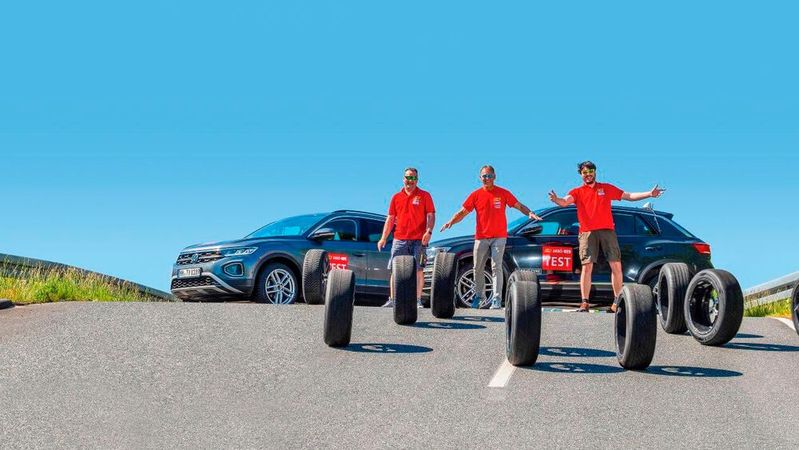Rollwiderstandstest mal anders? Die Teifentester von ACE, ARBÖ und GTÜ hatten bei ihrem Vergleich offensichtlich auch Spaß.(Bild:  GTÜ)