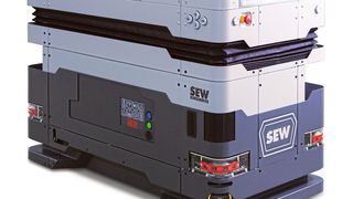 Ein assistierendes, mobiles System ermöglicht die Mensch-Maschine-Interaktion, erlaubt das sichere Arbeiten direkt am mobilen Assistenten und erledigt autonom den Transport zwischen einzelnen Fabrikmodulen. (Bild: SEW-Eurodrive)