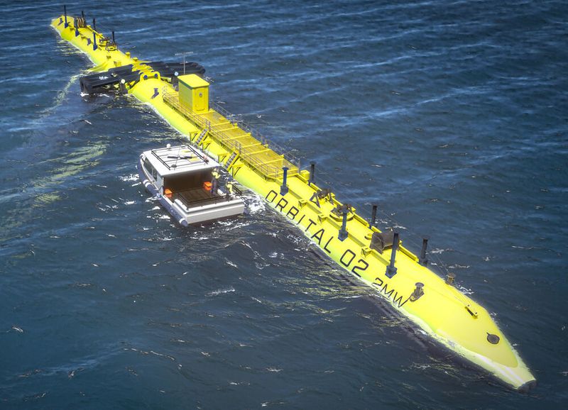 Die O2 besteht aus einem 73 Meter langen Schwimmkörper, der auf beiden Seiten eine 1-MW-Turbine trägt. Die dort installierten Rotoren weisen einen Durchmesser von 20 Metern auf, sodass sich die Gesamtrotorfläche auf 600 Quadratmeter beläuft.  (Orbital)