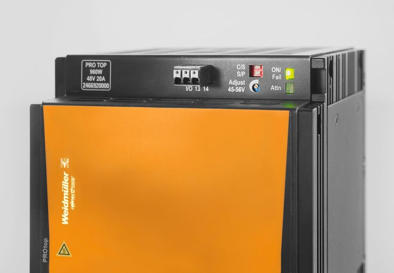 Die Stromversorgung soll sich aufgrund ihrer verschiedenen Betriebsarten sehr flexible einsetzen lassen (Schalter P: Parallelbetrieb, Schalter S: Einzelbetrieb). Das programmierbare Kurzschlussverhalten (C: Dauerkurzschlussstrom, S: Kurzschlussabschaltung) soll einen besonderen Überlast- und Leitungsschutz bieten. (Weidmüller)