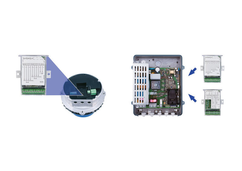 Ziehl-Abegg EC-Motoren ECblue und Frequenzumrichter Icontrol Basic / Fcontrol Basic können durch einsteckbare Add-On-Module einfach in unterschiedliche Bus-Systeme eingebunden werden. Gezeigt sind Produkte mit abgenommenem Gerätedeckel. (Ziehl-Abegg)