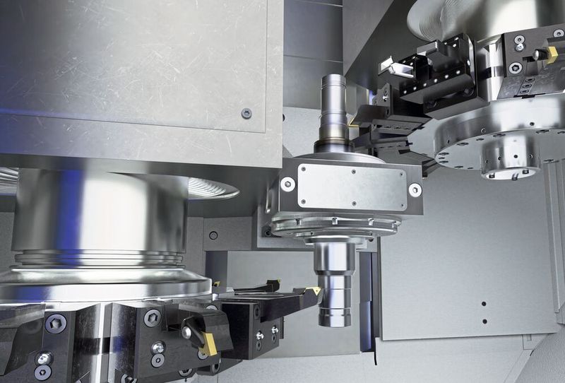 Die Wellendrehmaschine VTC 200 CD verfügt über einen Mittenantrieb für die simultane 4-Achs-Bearbeitung mit sehr kurzen Taktzeiten. (Bild: Emag)