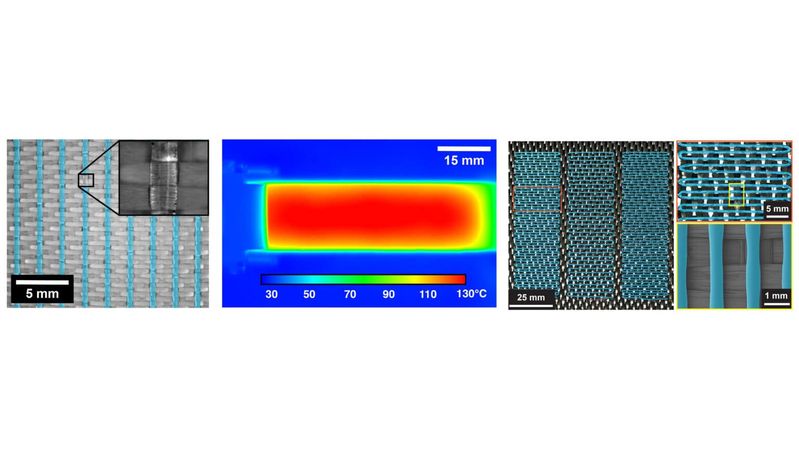 3D-gedruckter thermoplastischer Heilungsstoff (blaue Einfärbung) auf Glasfaserverstärkung (links); Infrarotthermogramm während der in-situ-Selbstheilung eines gebrochenen Faserverbundwerkstoffs (Mitte); 3D-gedruckter Heilungsstoff (blau) auf Carbonfaserverstärkung (rechts). (Bild:   Jason Patrick, NC State University)