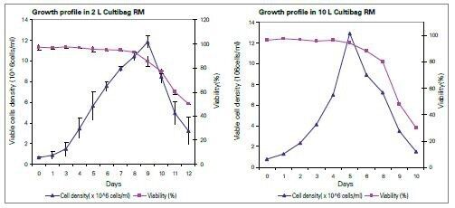 Graph 1: Growth curve of Sf9 cell line in 2 L and 10 L Cultibag RM (Source: Sartorius Stedim Biotech, Bengaluru)