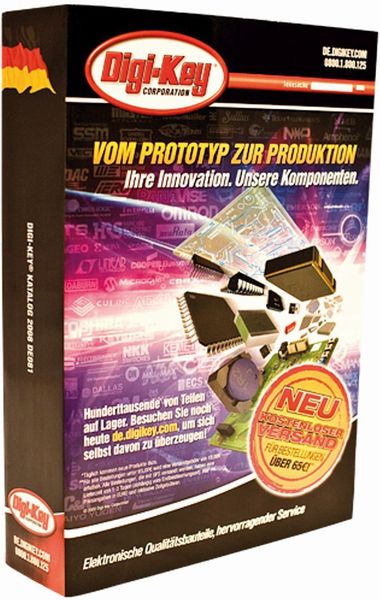 So sah 2008 der deutschsprachige Katalog von Digi-Key aus. Katalog und Online-Bestellsystem existierten noch lange parallel. Der letzte deutschsprachige Katalog wurde 2011 ausgeliefert. Heute verzeichnet Digi-Key knapp 4 Millionen Online-Bestellungen pro Jahr. (Digi-Key)