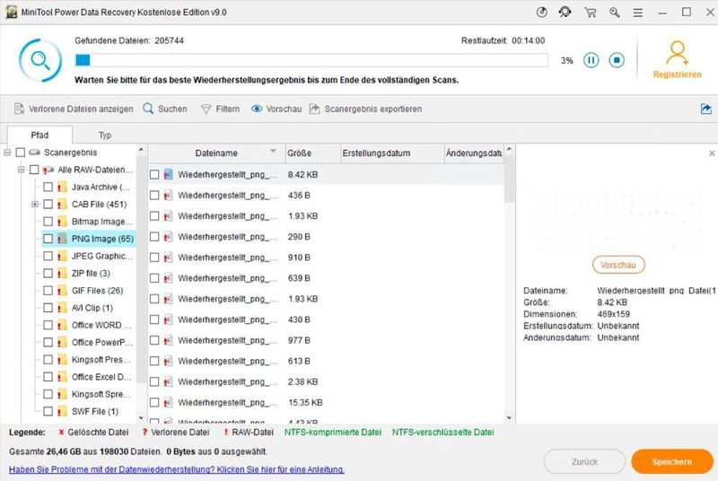 Mit Power Data Recovery Free Edition nach gelöschten Dateien suchen. (Joos/MiniTool Software (Screenshot))