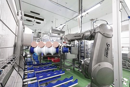 Der TX200 bringt die Wurstkaliber sicher und schonend zur Beladeseite des Slicers.(Bild:  Stäubli Tec-Systems GmbH Robotics)