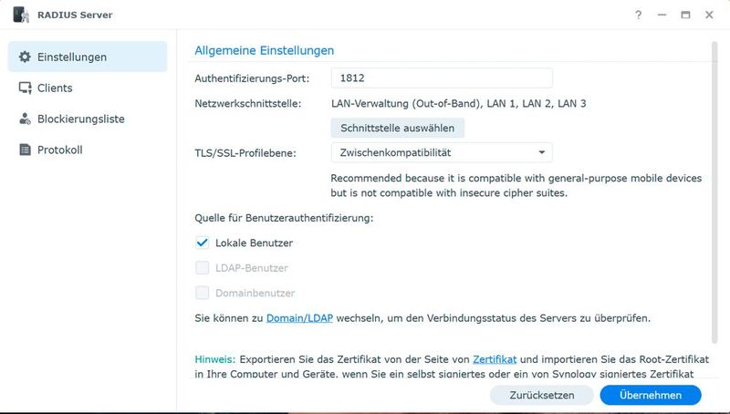 Anpassen der zentralen Einstellungen und Schnittstellen des RADIUS-Servers auf einem Synology-NAS. (Bild: Joos)