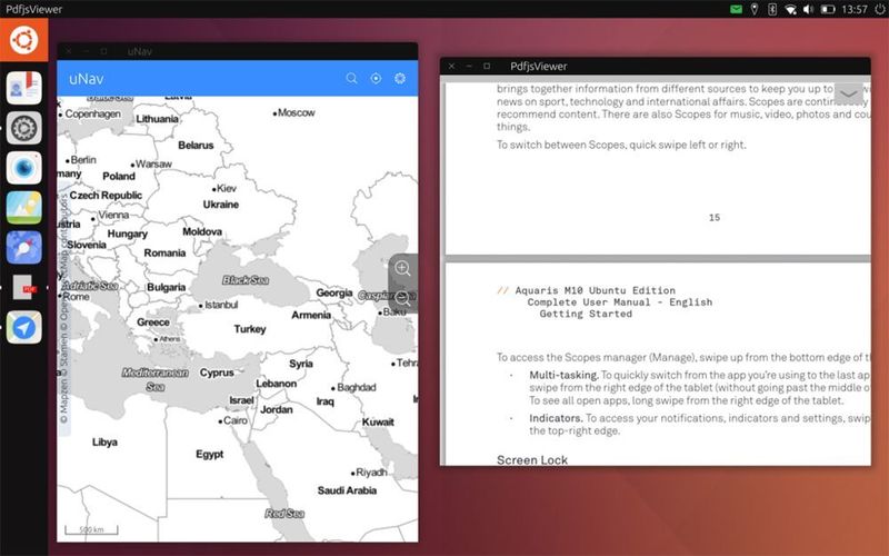 Im Desktop-Modus glänzt das Tablet mit einem vollwertigen Fenstermanager. Links zu sehen: Die anpassbare Schnellstartleiste. (bq (Screenshot))