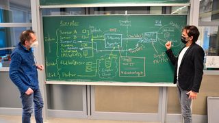 Tafelarbeit in digitalen Zeiten an der FH Münster. Doch die hat Zweck! Denn eine Projektgruppe will dort mit gesammelten Praxisdaten einen „umfassend informierten“ digitalen Zwilling von Elektrolyseuren schaffen. So soll grüner Wasserstoff per IoT-Know-how noch effizienter zu gewinnen sein. Profitieren wird die neue Enapter-Fabrik in Saerbeck. (Bild: FH Münster / F. Tebbe)