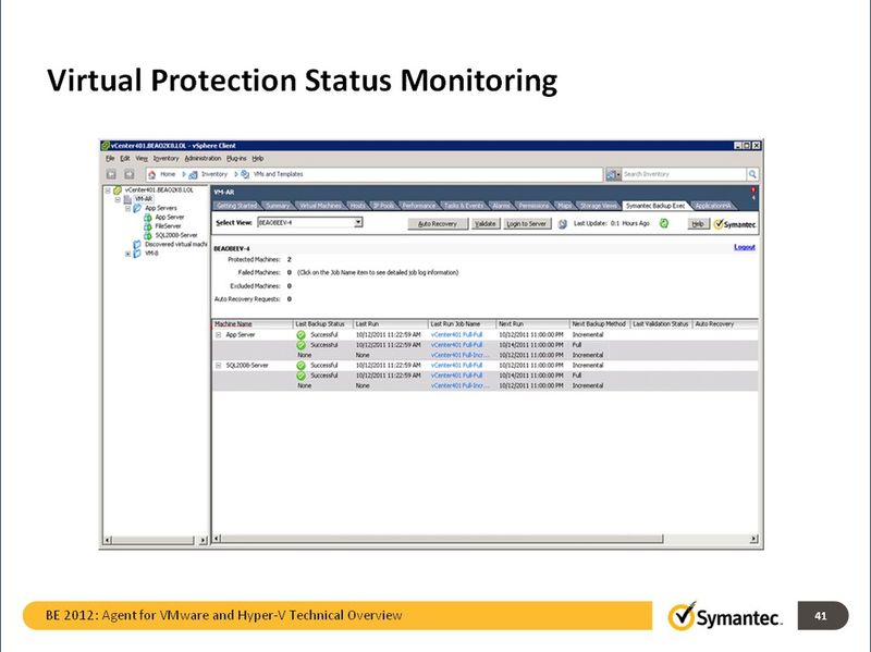 Symantec Backup Exec ermöglicht durch die vCenter-Integration die Überwachung des Schutzstatus einer VM etc. (Bild: Symantec)