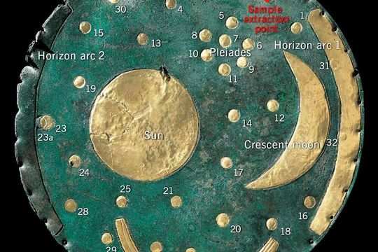 Die Himmelsscheibe von Nebra mit der markierten Probenentnahmestelle. (c) Nachdruck mit Genehmigung des Landesamtes für Denkmalpflege und Archäologie, Landesmuseum für Vorgeschichte Sachsen-Anhalt(Bild:  J. Lipták, München)