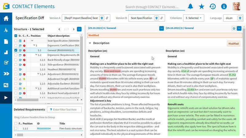 Mit der neuen Baselining-Funktion können jederzeit Kopien von Anforderungen erstellt, verglichen und Änderungen nachverfolgt werden.  (Bild: Contact Software)