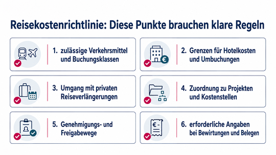 In einer Reisekostenrichtlinie müssen wichtige Fragestellungen geklärt werden.(Bild:  KI-generiert mit ChatGPT/OpenAI)