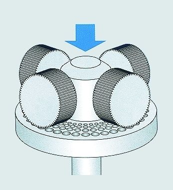 Schematische Funktionsweise der Flachmatrizenpresse (blauer Pfeil: Materialstrom) (Archiv: Vogel Business Media)