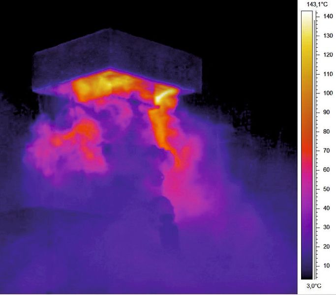 Wie auf dem Infrarot-Bild zu erkennen ist, bewegt sich auch die Temperatur der ausströmenden Verbrennungsgase im unkritischen Bereich. (Bild: Rexotec)
