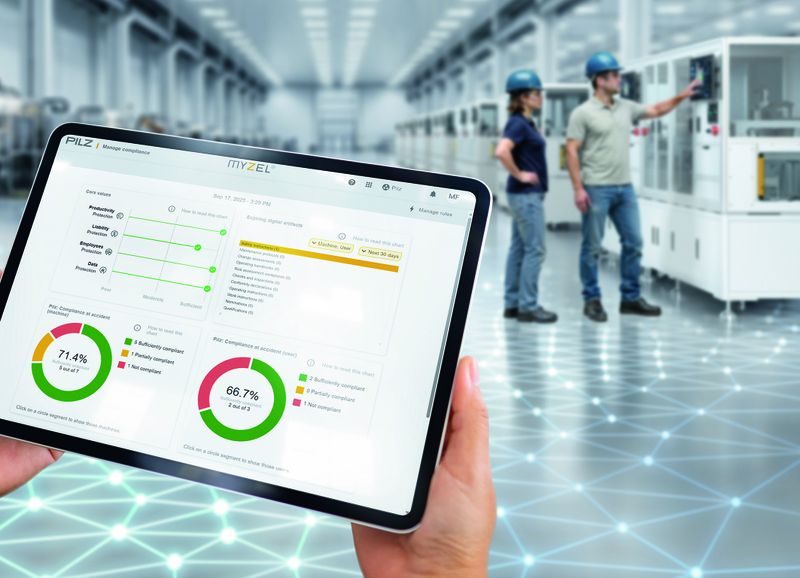Auf dem Dashboard der Myzel Lifecycle Platform sehen Anwender den Status von Assets wie Daten, Menschen oder Maschinen in Echtzeit. Die Plattform vereint das Management von Personal und Maschinen und unterstützt bei der Einhaltung von Gesetzen und Sicherheitsanforderungen. (Bild: iStock.com/Farknot_Architect, © Pilz GmbH & Co. KG)