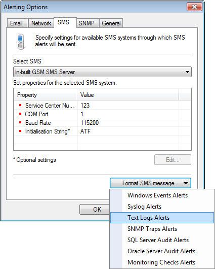 Warnoptionen für SMS-Mitteilung. (Bild: GFI Software)